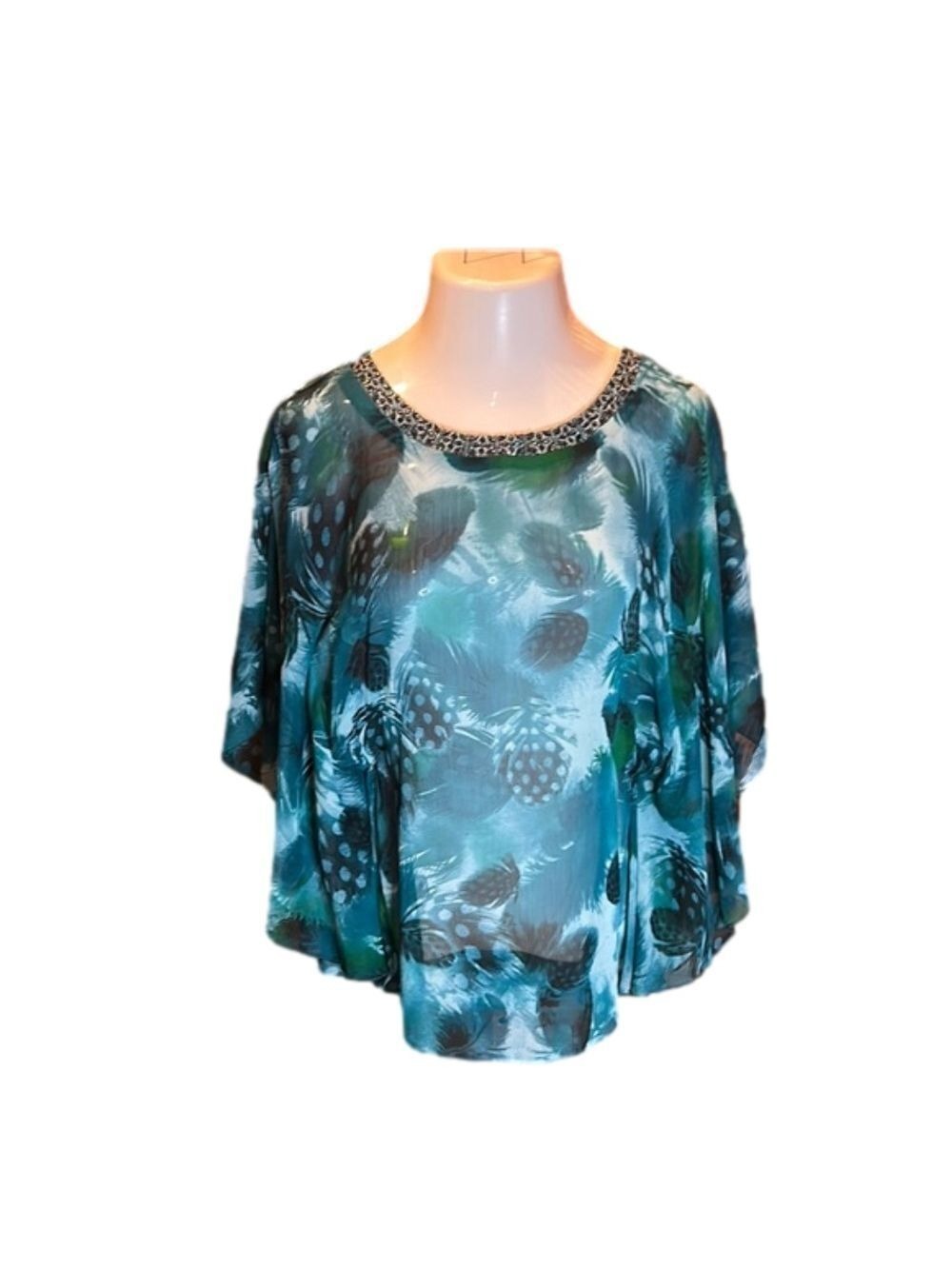 CHENAULT Lovely Sheer Green Print Batwing Top w/ Bling Neckline Size M